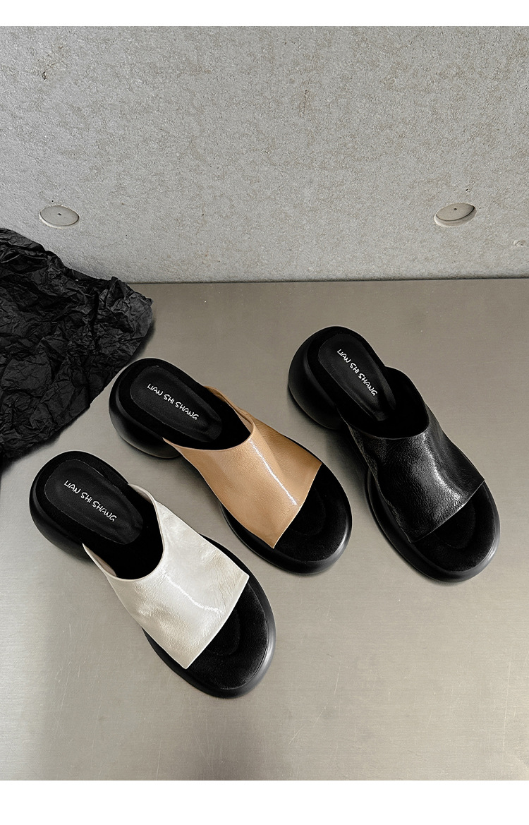 Dép lê nữ da cừu đế dày 7 cm, sandal hở mũi tăng chiều cao — đen chi tiết 24
