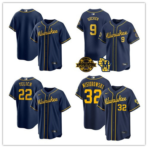In-Stock Mlb Milwaukee Brewers Blank Jersey Number 9 # 22 # 32 # Deep Blue Embroidered Baseball Jersey for Foreign Trade Cross-Border Sales
