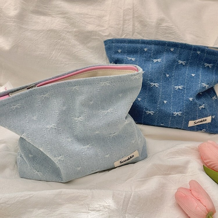 410125 Denim Bow Cosmetic Bag Water Emulsion Skin Care Products Large Capacity Zipper Storage Bag Shopping Clutch