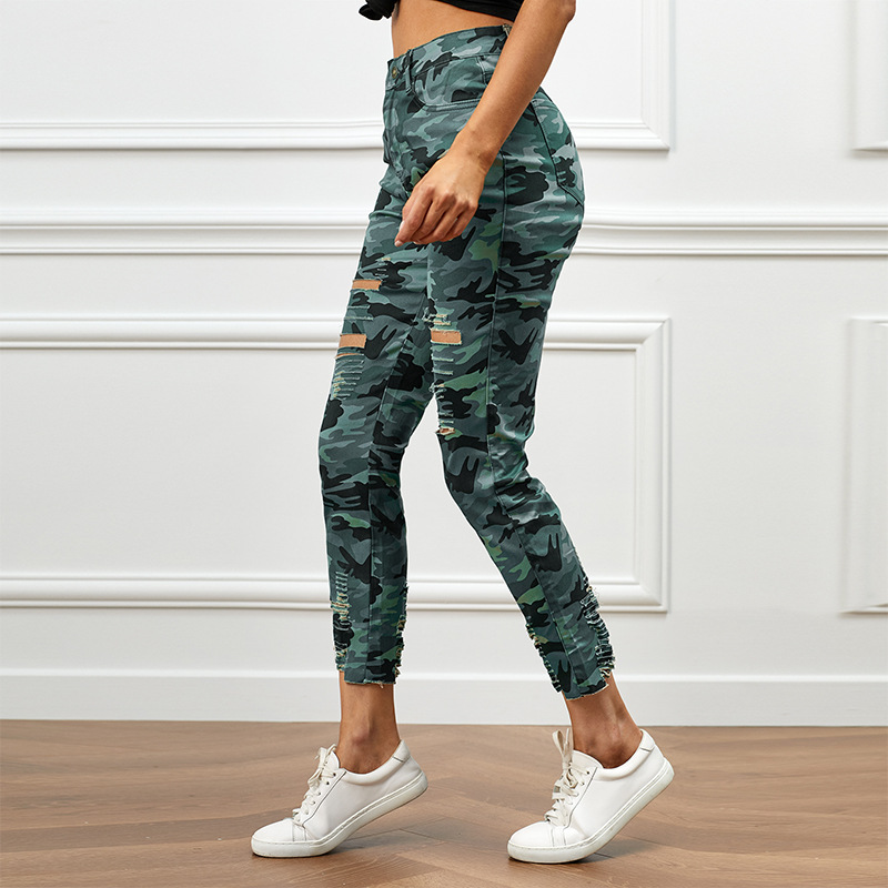 欧美新款牛仔裤亚马逊显瘦做旧修身九分小脚裤迷彩印花破洞牛仔裤