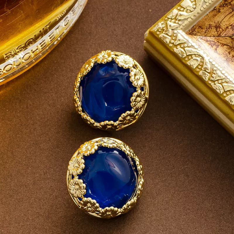 法式复古Vintage中古风浮雕蓝宝石耳钉女小众优雅宫廷风银针耳饰