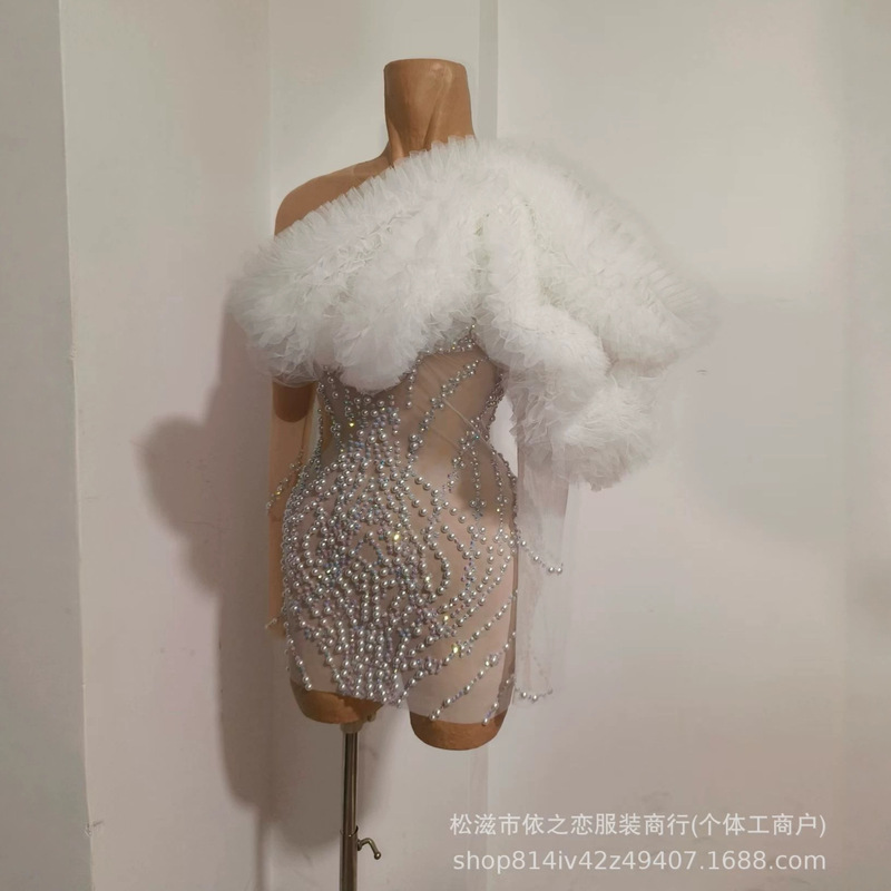 White Sexy Ballroom Performance Dress, Cross-Border European and American Style, Mesh with Full Rhinestones, Long-Sleeve Birthday Party Dress, Long-Sleeve Sheer White Sexy Ballroom Performance Dress, Cross-Border European and American Style, Mesh with Full Rhinestones, Long-Sleeve Birthday Party Dress, Long-Sleeve Sheer