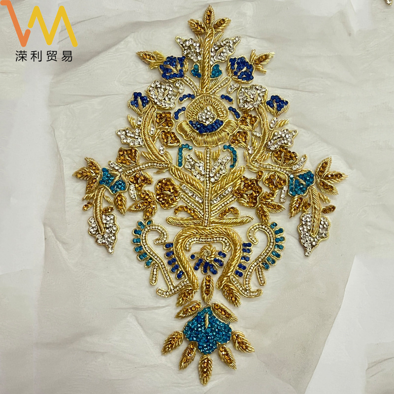 Indian Silk Show Wo Dress Mother Dress High-end Wedding Dress Chinese Style Wedding Dress Blue Flower Pattern Sequins Garment Accessories