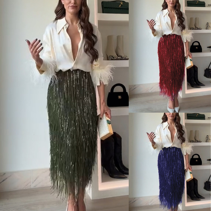 Cross-Border 2025 European and American Autumn and Winter New Party Sequin Tassel Skirt Suit Ins Spot Long-Sleeved Two-Piece Set