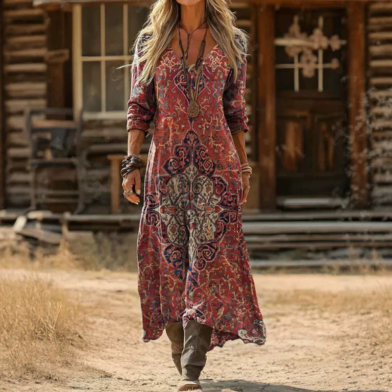 2026 New Style Printed V-Neck Long-Sleeve Dress, Loose Casual Vacation Ethnic Style, Plus-Size Women's Vacation Dress