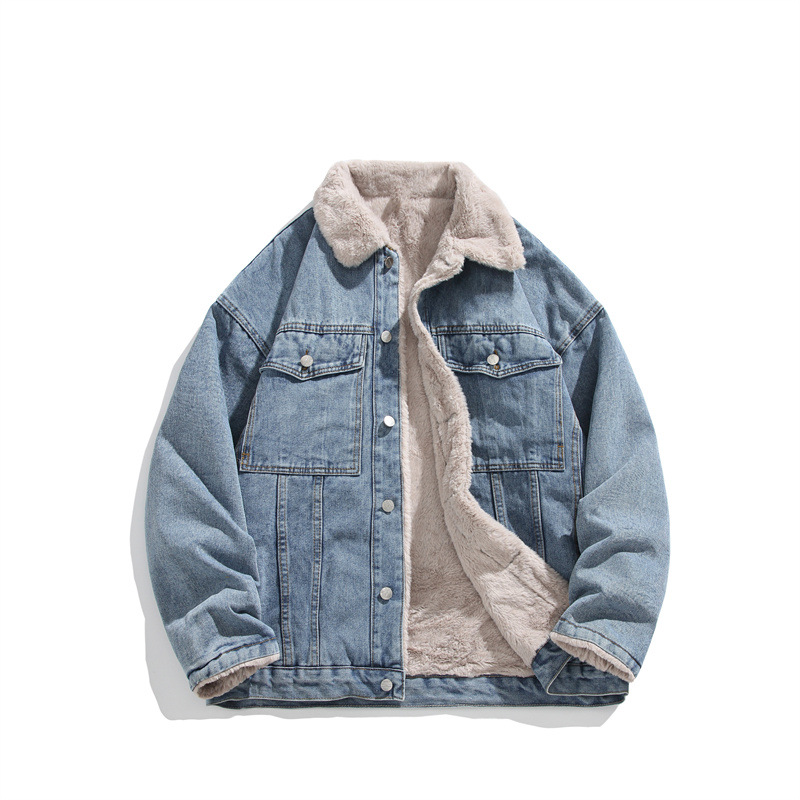 加绒牛仔棉服男冬季棉衣外套羊羔绒翻领加厚夹克毛领一件代发