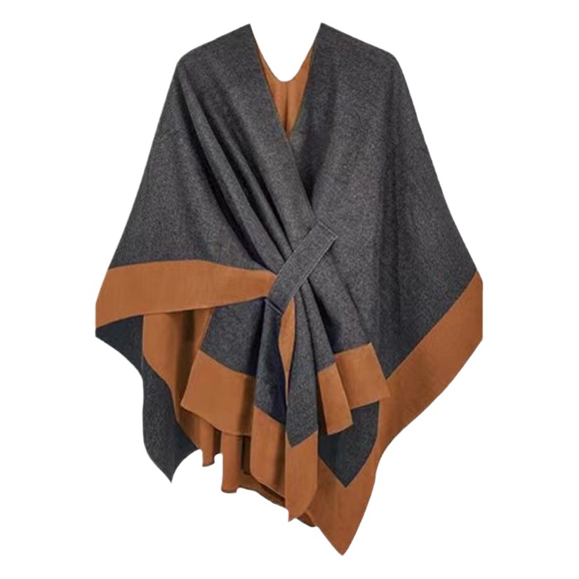 European and American classic foreign trade new autumn and winter color matching belt buckle cloak scarf cashmere-like cape shawl one-piece delivery