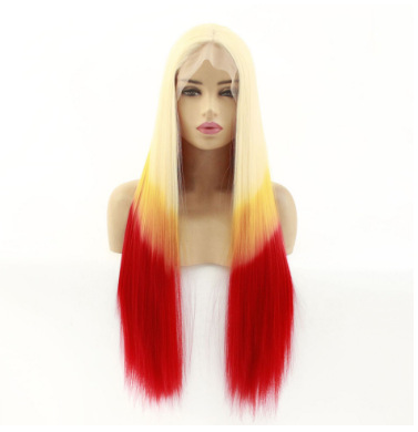Tricolor gradiente largo recto frente de encaje fibra química peluca de seda de alta temperatura gancho de mano cubierta de fábrica LW0314