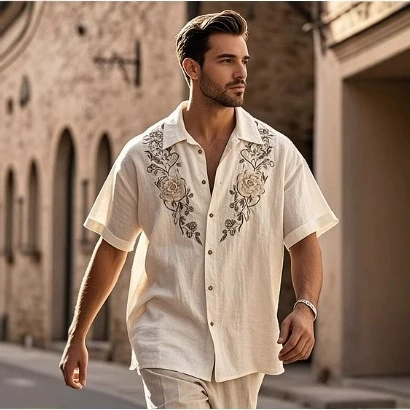 Трансграничный ретро стиль 3D с короткими рукавами летняя новая мужская повседневная дикая модная рубашка