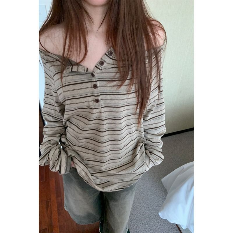 Kumikumi Retro Striped Off-Shoulder Long-Sleeve Women's Early Autumn New Design Casual T-Shirt Loose Slimming Top