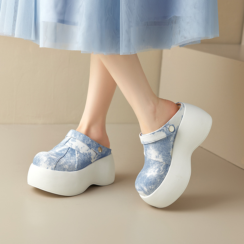 Dép cao gót platform đế dày 8 cm phong cách Trung Hoa, mũi kín, xỏ lười, hai kiểu mặc — màu xanh nhạt