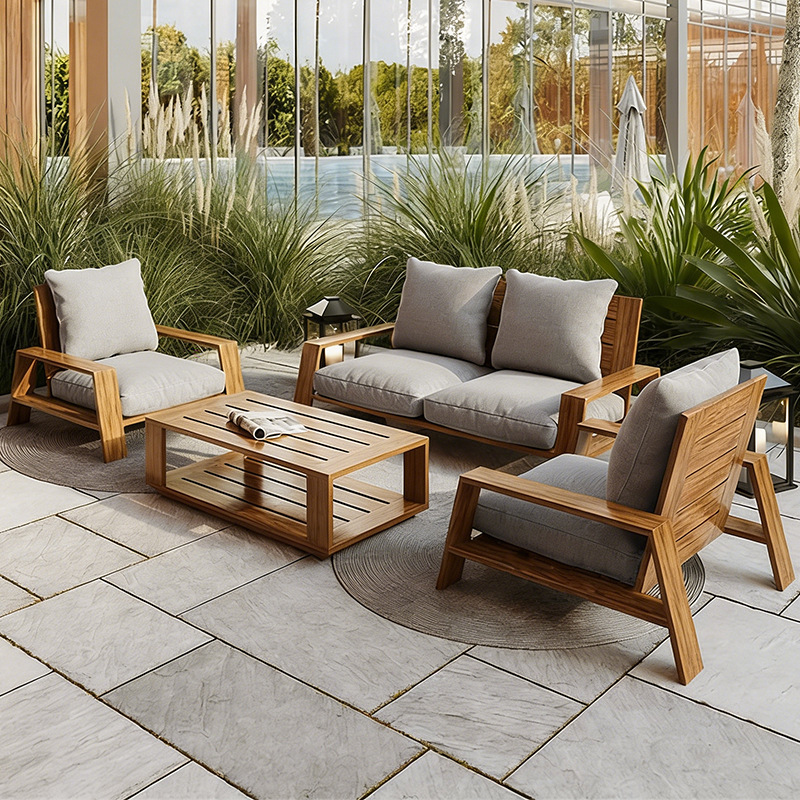 Sofá de teca de alta gama al aire libre combinación de mesa de té patio al aire libre hotel de ocio muebles impermeables y protectores solares
