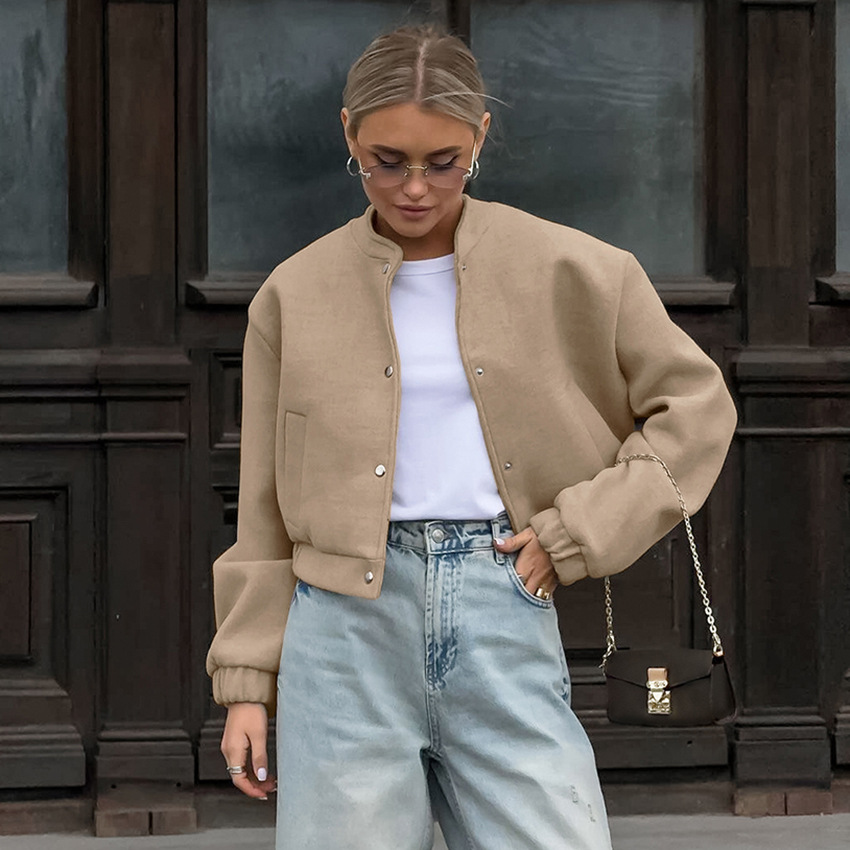 Damenbekleidung 2024 Herbst- und Winterdesign Fliegerjacke Mode Khaki Dicker Stehkragen Wollmantel Pendeln Damenbekleidung_voghion.com