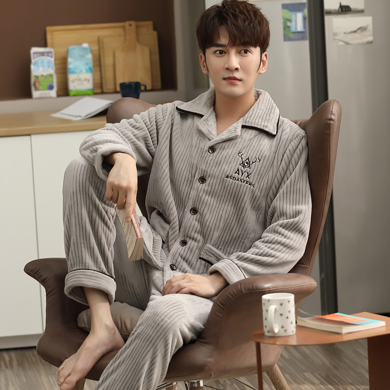 (2개) 남성용 잠옷 겨울 플란넬 두꺼운 잠옷 세트 가을, 겨울 젊은 남성 잠옷 대형 산호 벨벳 가정 의류