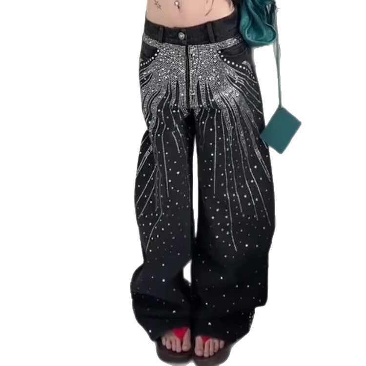 美式嘻哈水洗满天星烫钻弯刀牛仔裤女宽松显瘦个性爵士潮流阔腿裤|undefined