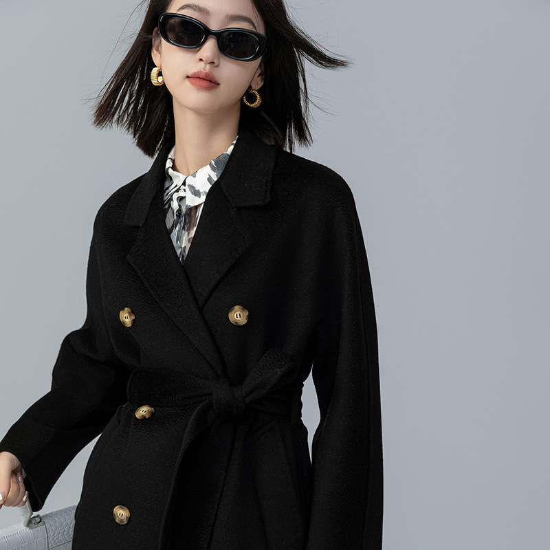 Alxa Camel Wool Coat for Women, Mid-Length Woolen Coat with Belt, Double-Sided Wool Coat for Autumn and Winter, Trendy