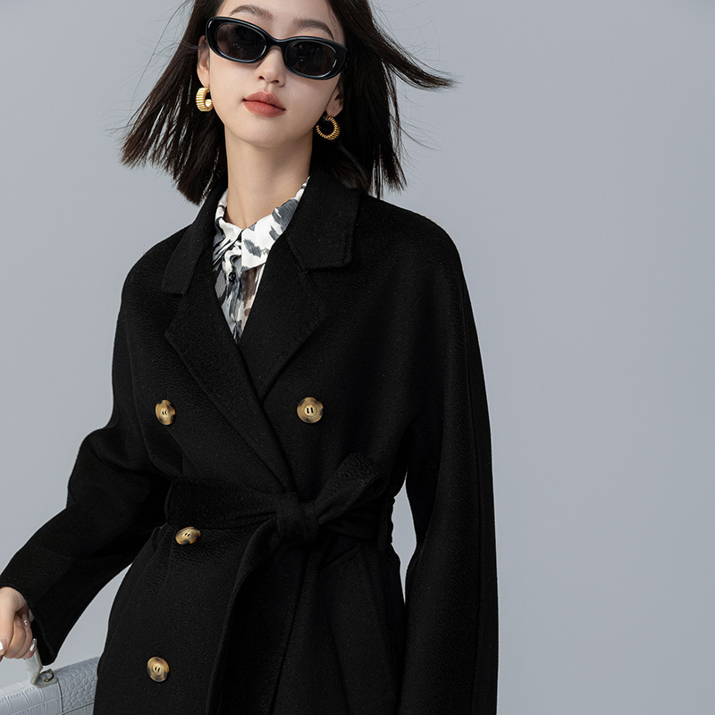 Alxa Camel Wool Coat for Women, Mid-Length Woolen Coat with Belt, Double-Sided Wool Coat for Autumn and Winter, Trendy