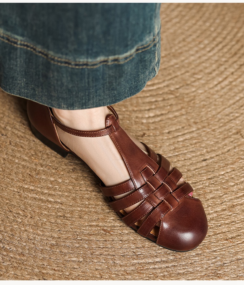 Sandal nữ mũi nhọn da bò quai chữ T gót thấp phong cách La Mã — nâu chi tiết 11