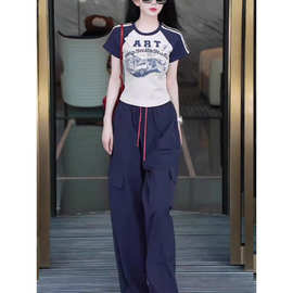 时尚宽松插肩袖印花T恤工装裤两件套2026夏季新款潮流新潮套装女