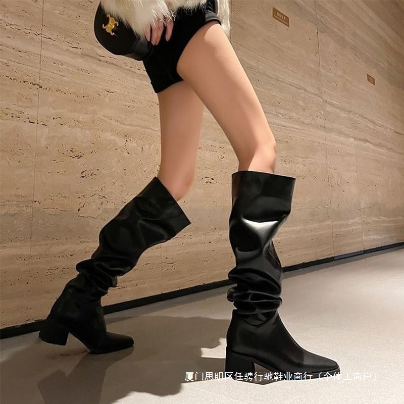 欧美显瘦褶皱堆堆靴粗跟高跟不过膝长靴女2025新款方头高筒骑士靴