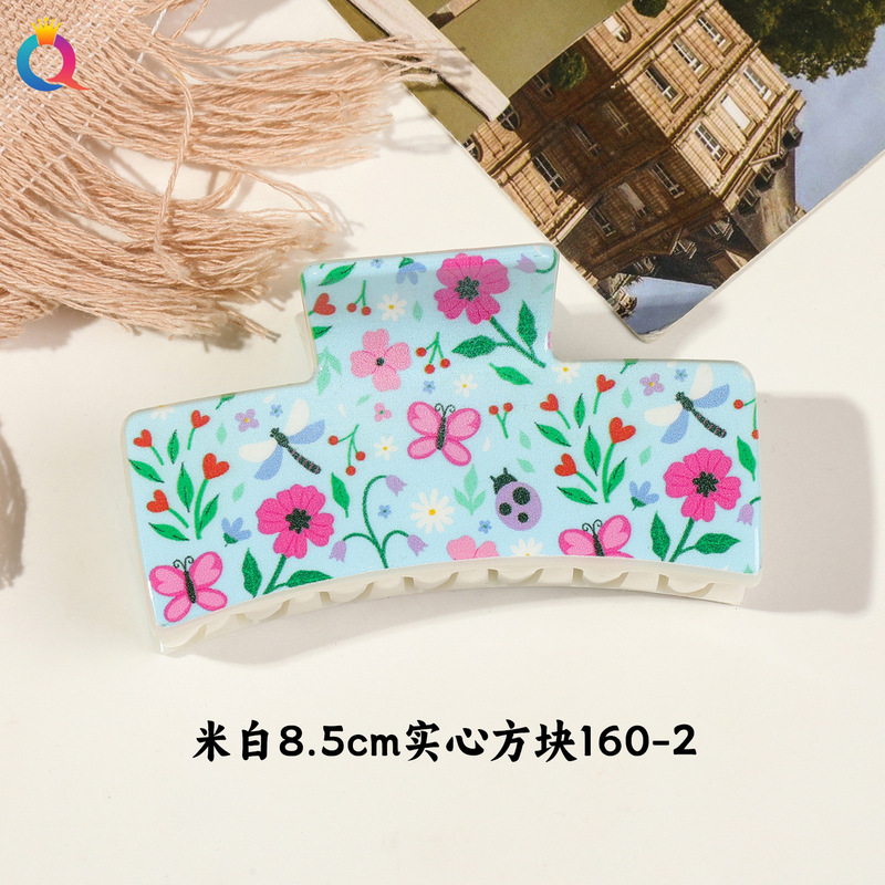 奇阅新款小清新UV印花抓夹时尚简约碎花发夹子高级感鲨鱼夹女批发|undefined