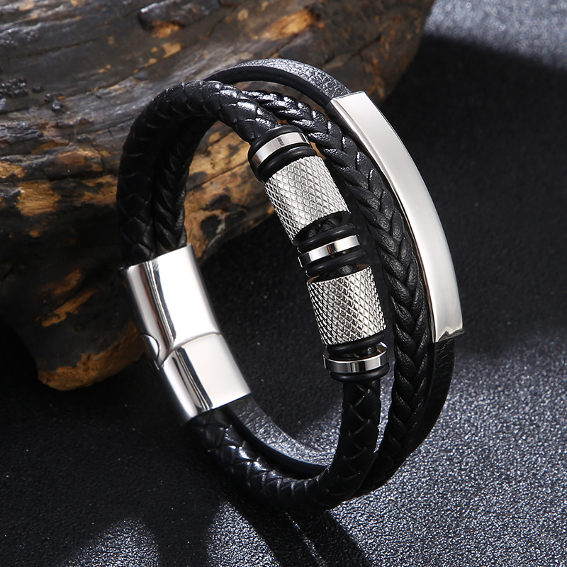 Amazon New Woven Leather Bracelet Men's Multi-Layer Punk Personality Bracelet Hip-Hop Stainless Steel Accessories Bracelet