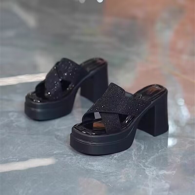 Thick-Soled High-Heeled Slippers for Women 2024 Summer New Style Square Toe Open Toe Thick Heel Rhinestone Outer Wear Elegant Versatile Slippers