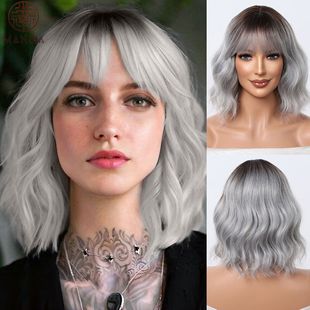 Wig Cross-border Explosion Silver Grey Wave Short Curly Wigs Air Bangs Natural Simulation Full Head Cover Wig