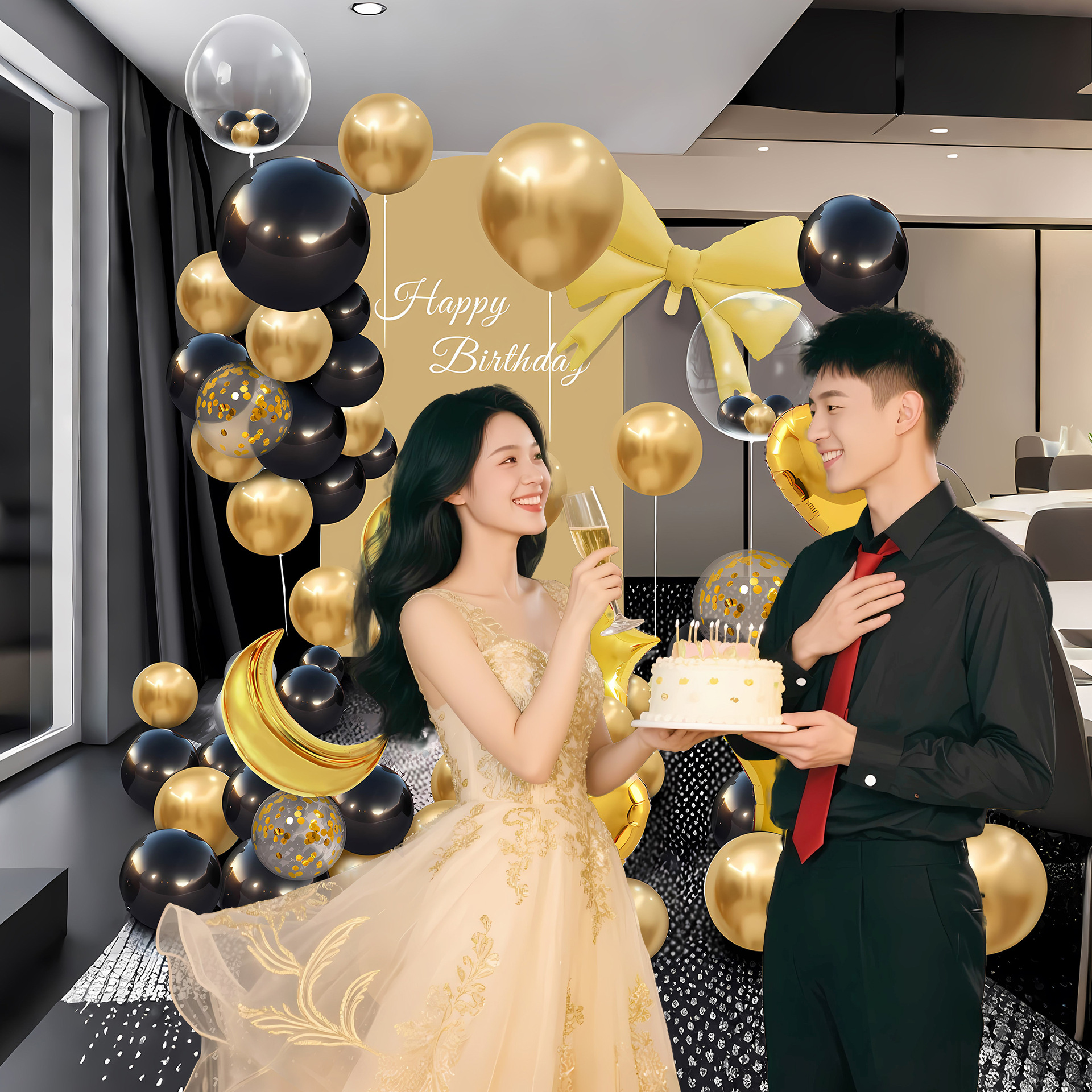 Cumpleaños sorpresa feliz globo fiesta decoración escena diseño novio marido atmósfera avanzada props