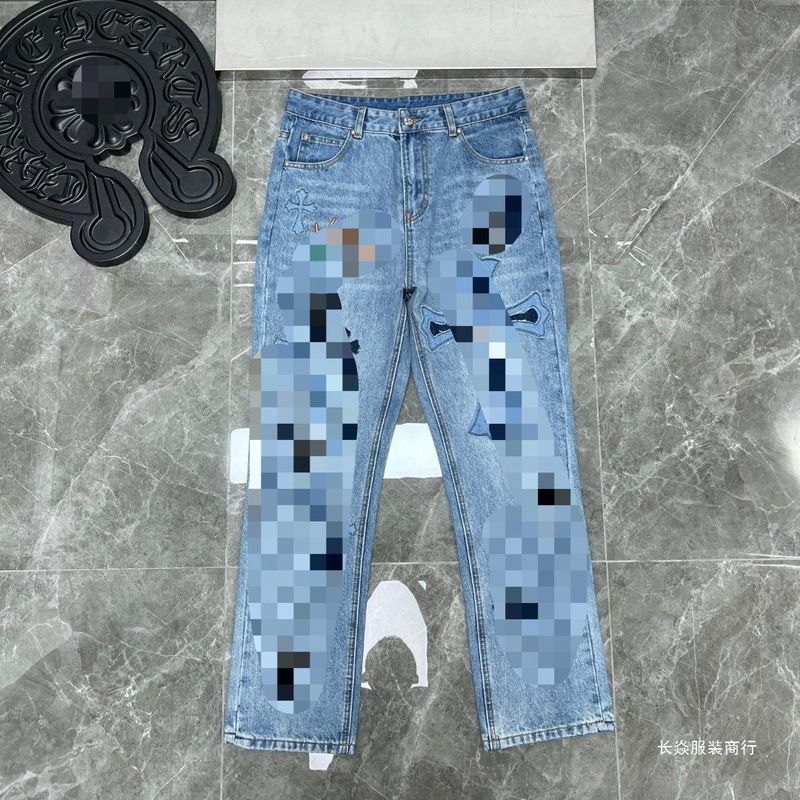 Jensen High Street American Cross Embroidered Straight-Leg Washed Jeans for Men and Women, Casual Loose Fit, In Stock Jensen High Street American Cross Embroidered Straight-Leg Washed Jeans for Men and Women, Casual Loose Fit, In Stock