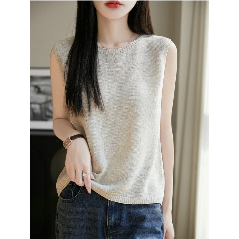 Linen Round Neck Sleeveless Vest for Women, New Summer Style, Solid Color Outerwear, Short Knitted Bottoming Shirt, Stylish and Fashionable