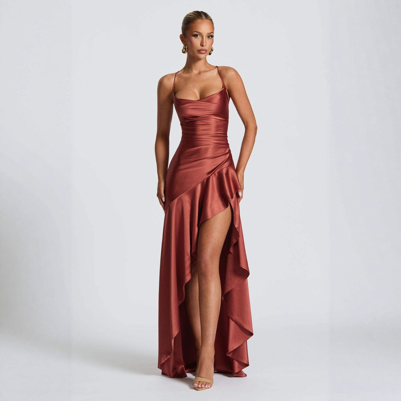 Aliexpress Foreign Trade Elegant Satin Slip Dress Long Gown European and American Style Sexy Slimming Backless Tie-Up Dress