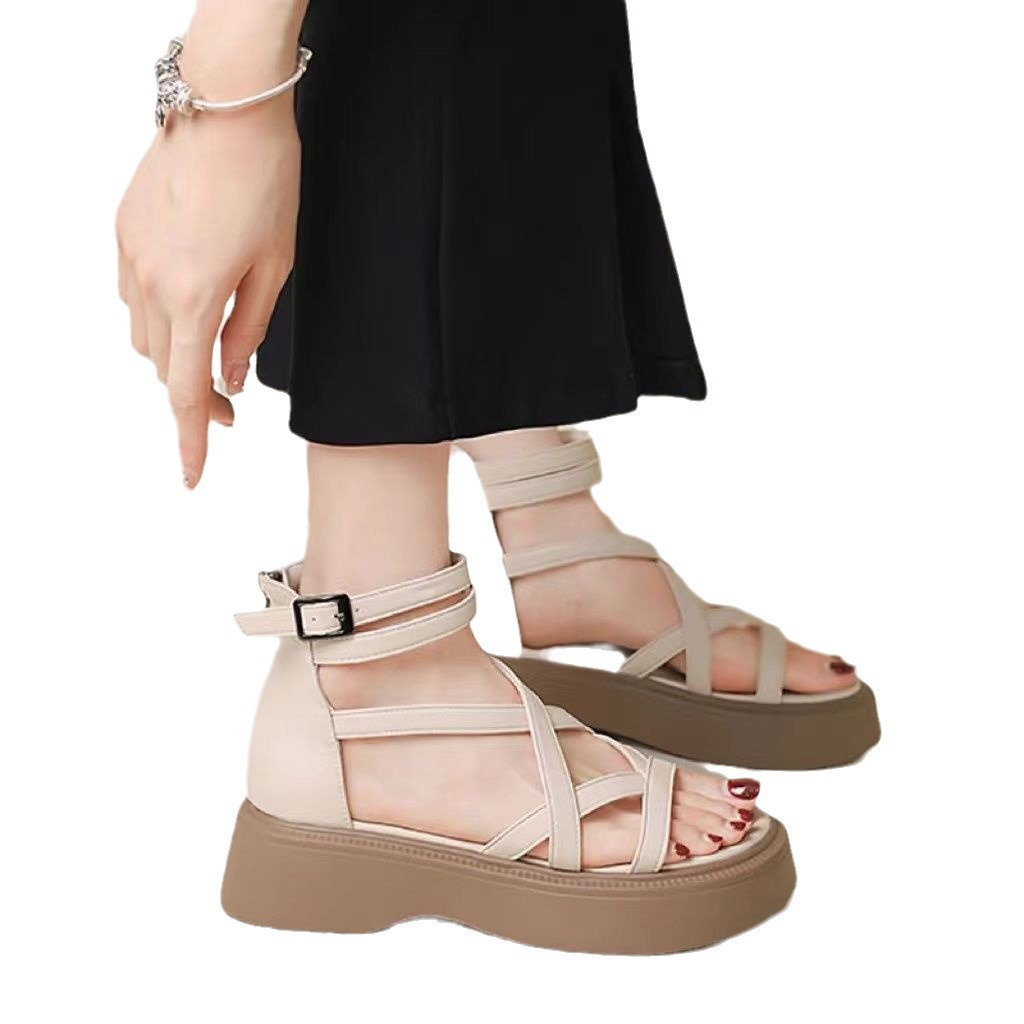 Sandalias casuales de verano para mujeres 2024 nuevos zapatos franceses vintage romanos muffins zapatos de playa de moda