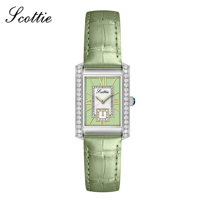 Женские часы (SCOTTIE 9655) квадратный корпус, стальная браслет, циферблат с кристаллами, независимые секунды