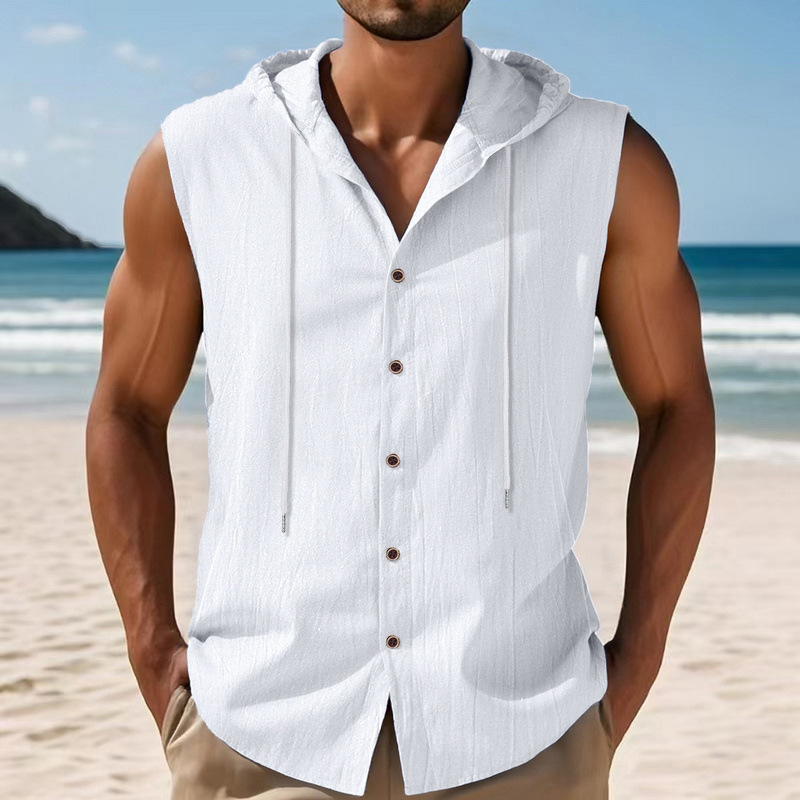 Nuevo transfronterizo Amazon nuevo estilo americano de verano hombre relajado casual lino sólido con capuchón camisa sin mangas