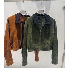 真皮皮衣女山羊皮反绒撞色皮夹克外套休闲老钱风短款外套2025新款
