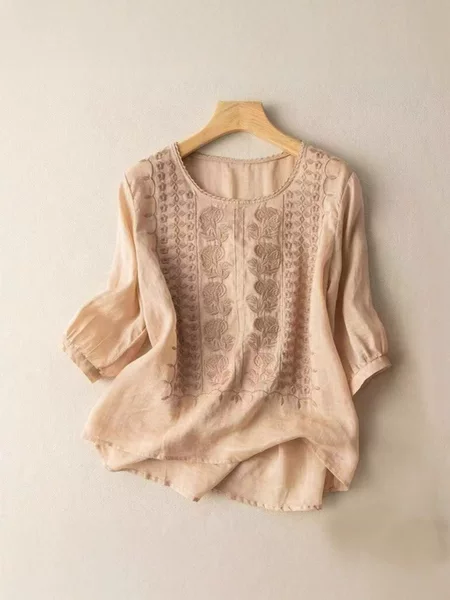 Mid-Sleeve Top Women's Heavy Embroidered Loose Artistic Vintage Cotton and Linen T-Shirt Nostalgia Thin Breathable Cotton and Linen Top