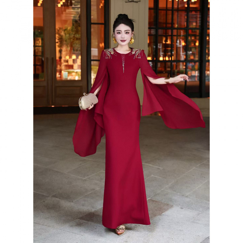 2026 Autumn New Style Women's Mid-Waist Flutter Sleeve Rhinestone Embellished Long Dress Polyester Fiber Evening Gown Toast Dress with a Light Luxury and High-End Feel