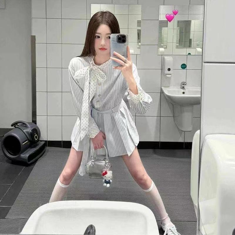 学院风连衣裙拼接撞色衬衫短裙波点收腰系带设计2025秋季青春时尚|undefined