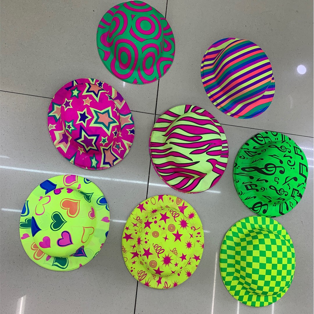 Cross-Border Pvc Hat Holiday Party Dance Fluorescent Printed Round Hat Halloween Decoration Factory Direct Sale