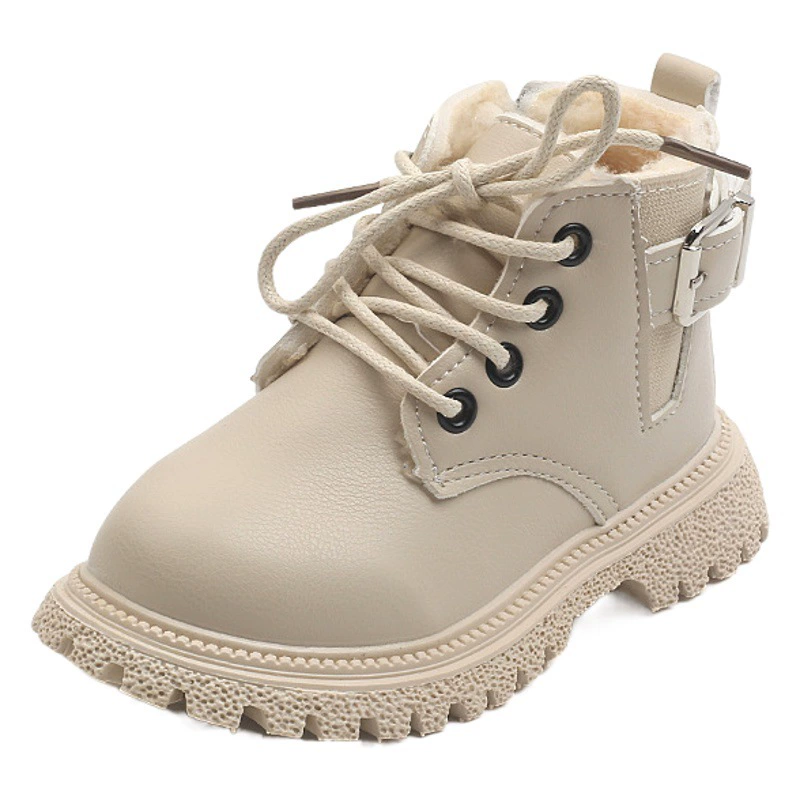 Детские осенне-зимние однотонные винтажные ботильоны для мальчиков на флисовой подкладке Ботинки Martin с боковой молнией Теплые хлопковые кожаные ботинки для девочек с мягкой подошвой