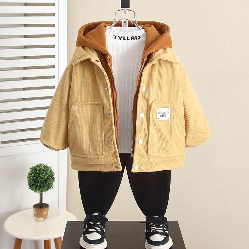 6730 Chaquetas de algodón de dos piezas falsas para niños Invierno 2025 Nuevos modelos de otoño e invierno para niños más abrigo de algodón grueso de terciopelo bebé