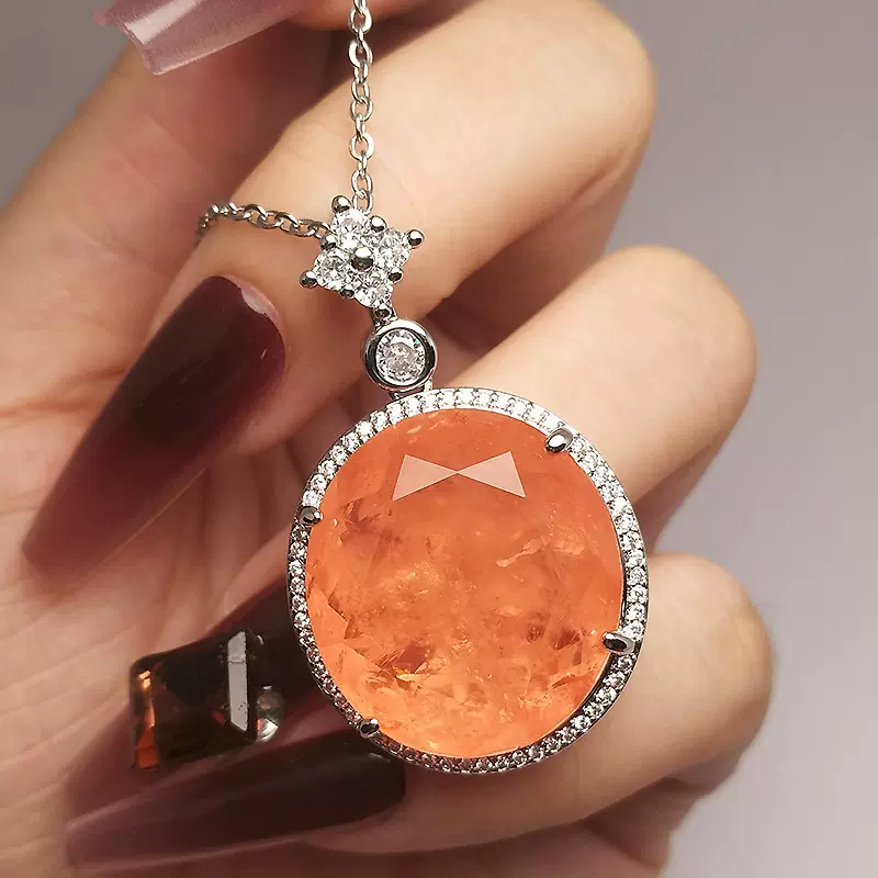 跨境仿真带棉红石圆形吊坠女高级夸张大圆石特别日落橙帕帕拉恰坠