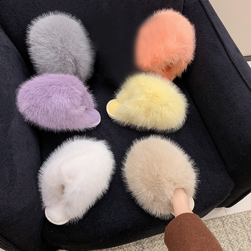 Cross-Border Amazon Large Size Solid Color Fluffy Big Fur Slippers with Soft Soles, Winter Closed-Toe Home Warm Multi-Color Cotton Slippers