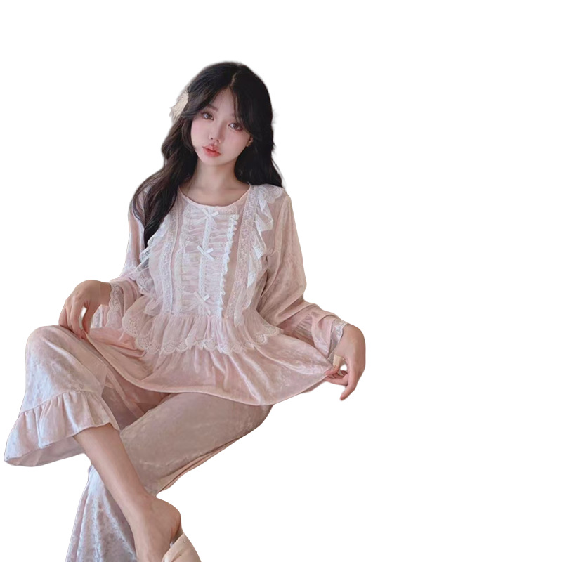 봄과 가을 황금 벨벳 얇은 소녀 공주 스타일 파자마 여성 긴 소매 프랑스 코트 스타일 달콤한 레이스 홈 옷