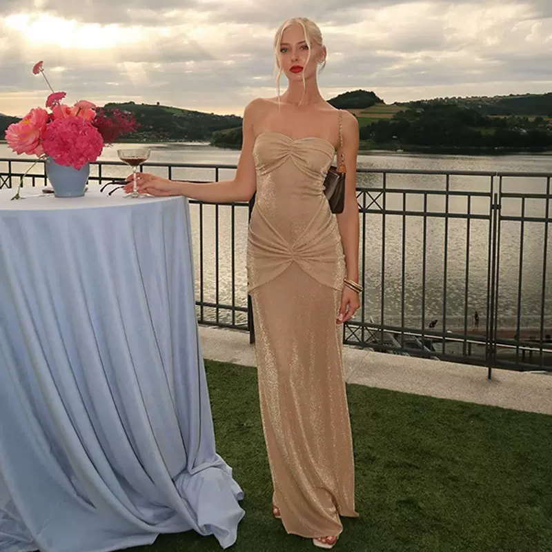 亚马逊2025春季热销新款性感时尚高端抹胸露背鱼尾长裙修身连衣裙