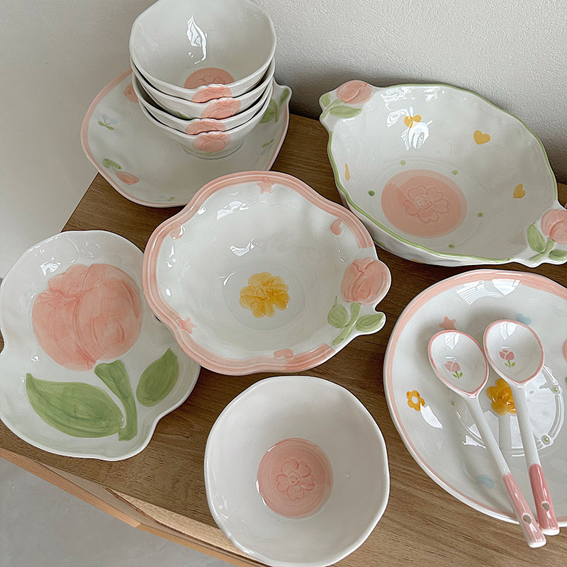 Underglaze color relief ceramic tableware tulip plate rice bowl soup bowl household creative dinner plate double ear bowl ins