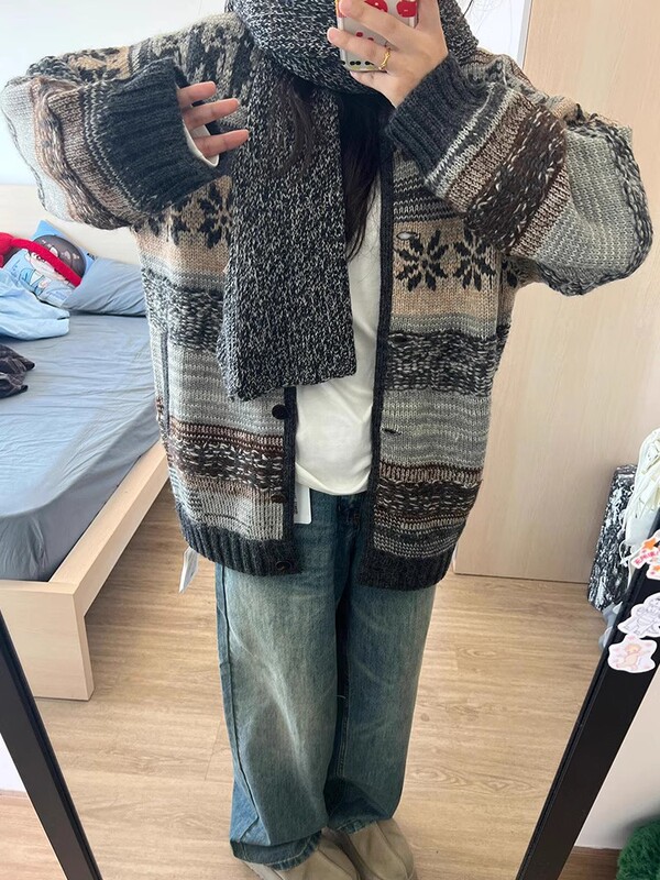 秋冬新款设计感重工多层图案费尔岛提花开衫毛衣外套女|undefined