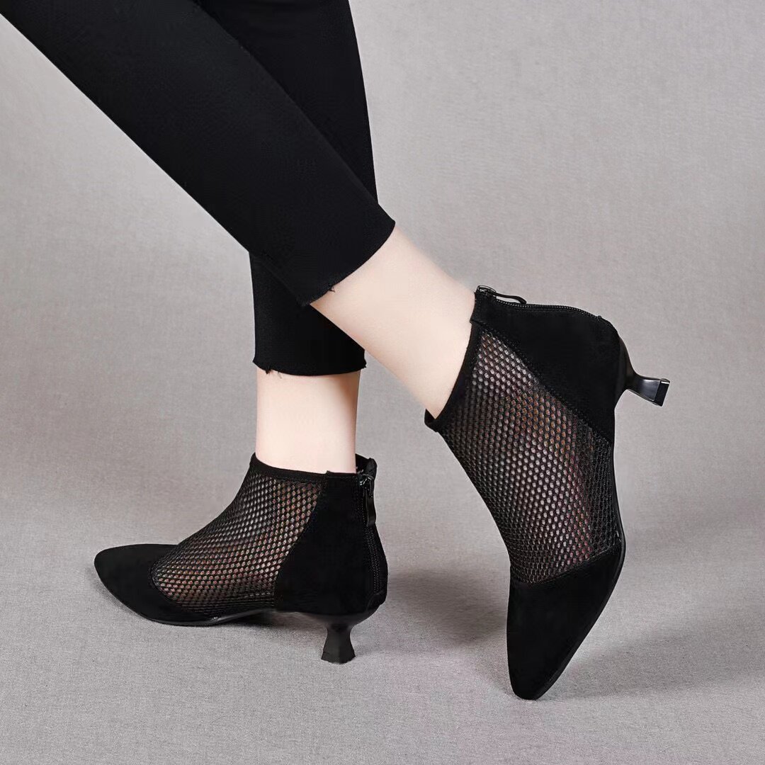 Sandal nữ mũi nhọn gót thấp lưới thoáng khí phong cách La Mã — màu đen