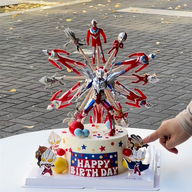 Cyber Red Rotating Ultraman Cake Decoration Electric Rotating Ferris Wheel Ultraman Boy Birthday Plug-in
